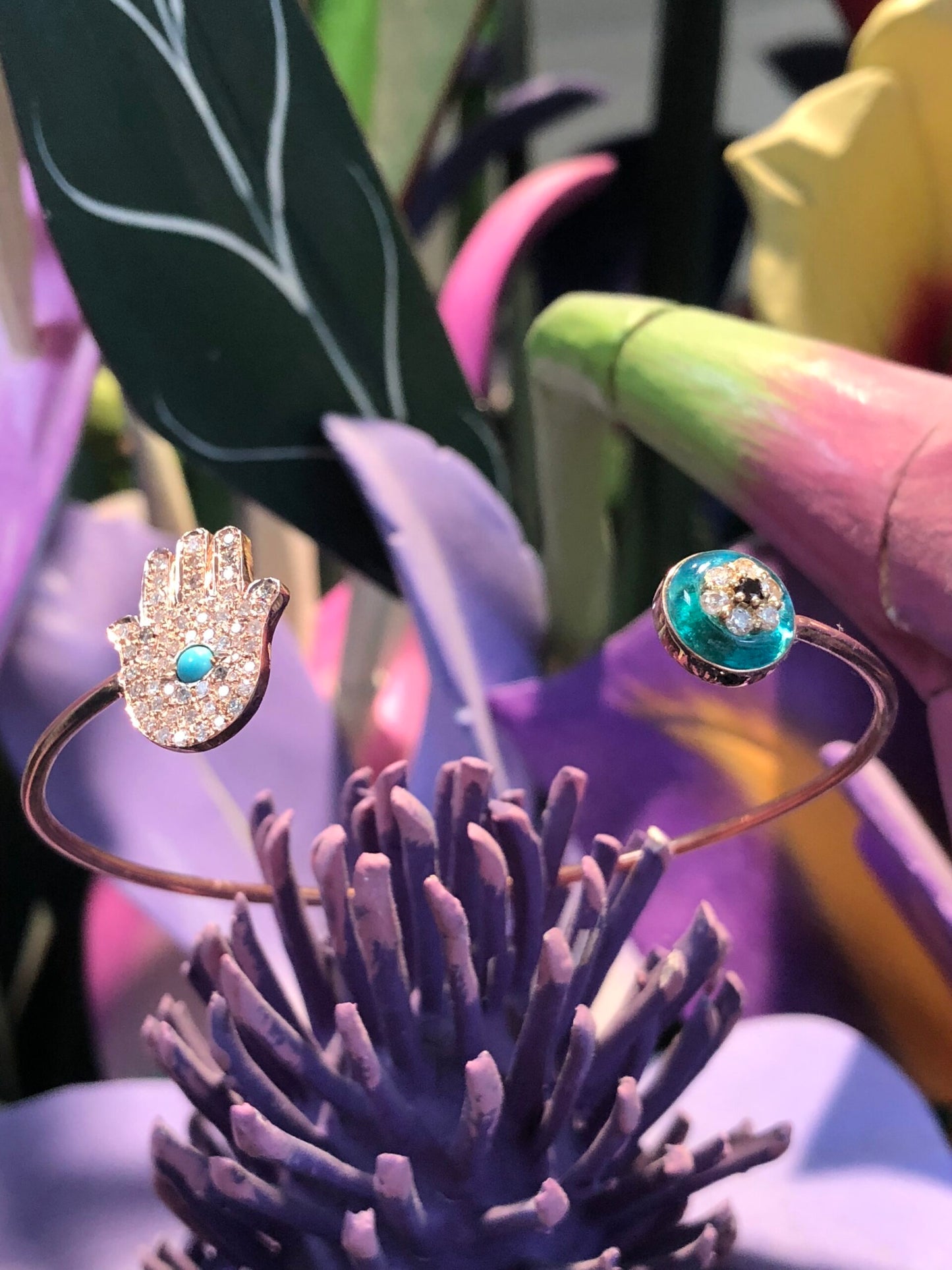 14 Karat Rose Gold Bracelet Featuring Diamond Hamsa and Protective Eye in Turquoise and Diamonds 