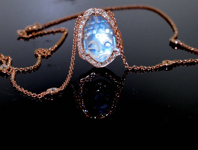 18K Moonstone Buddha Charm Necklace (Available on line only.)