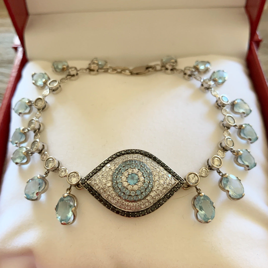 Diamond, Aquamarine, and Sapphire Evil Eye 18 Karat Gold Bracelet 