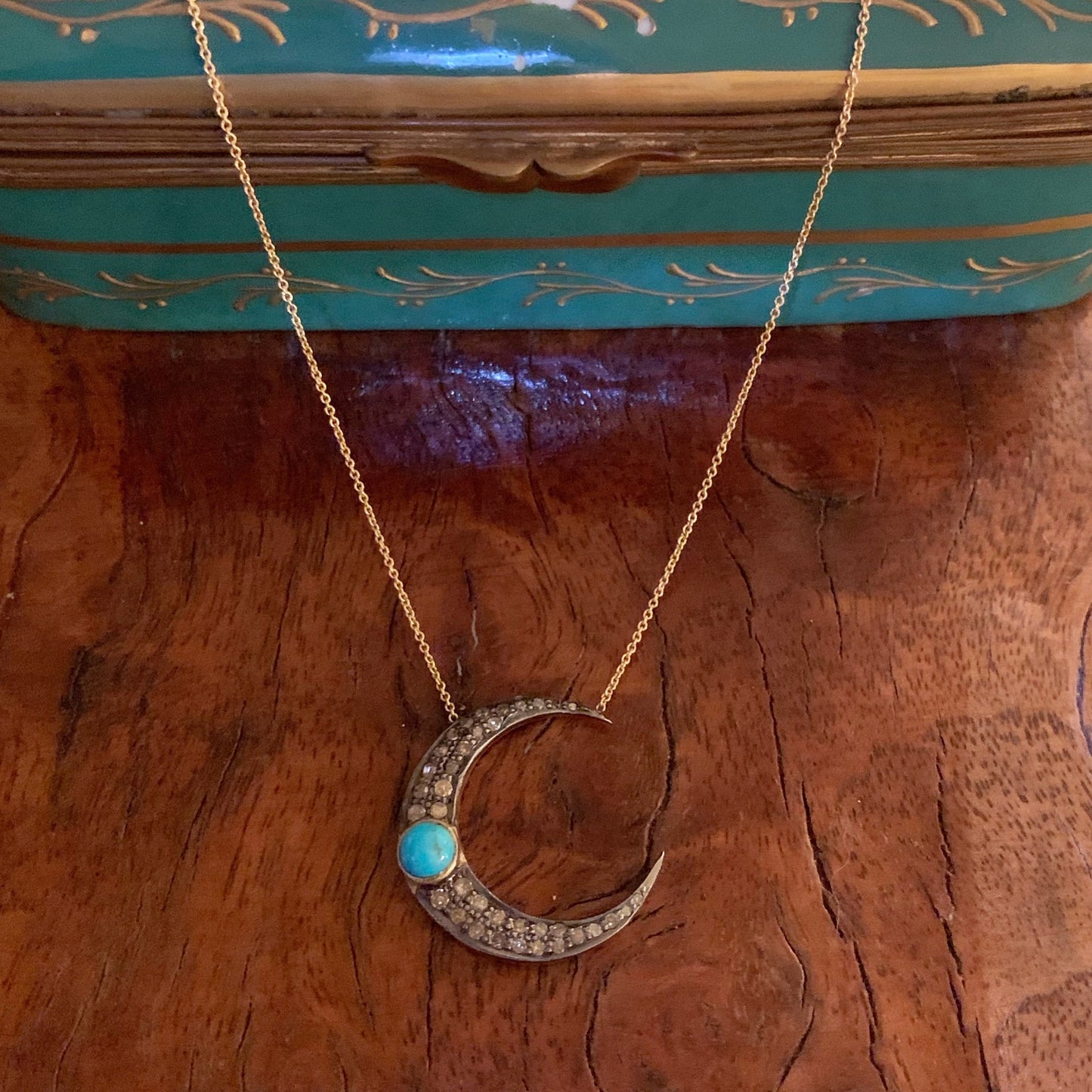 Diamond and Turquoise Crescent Moon in Silver on 14-carat Gold Chain