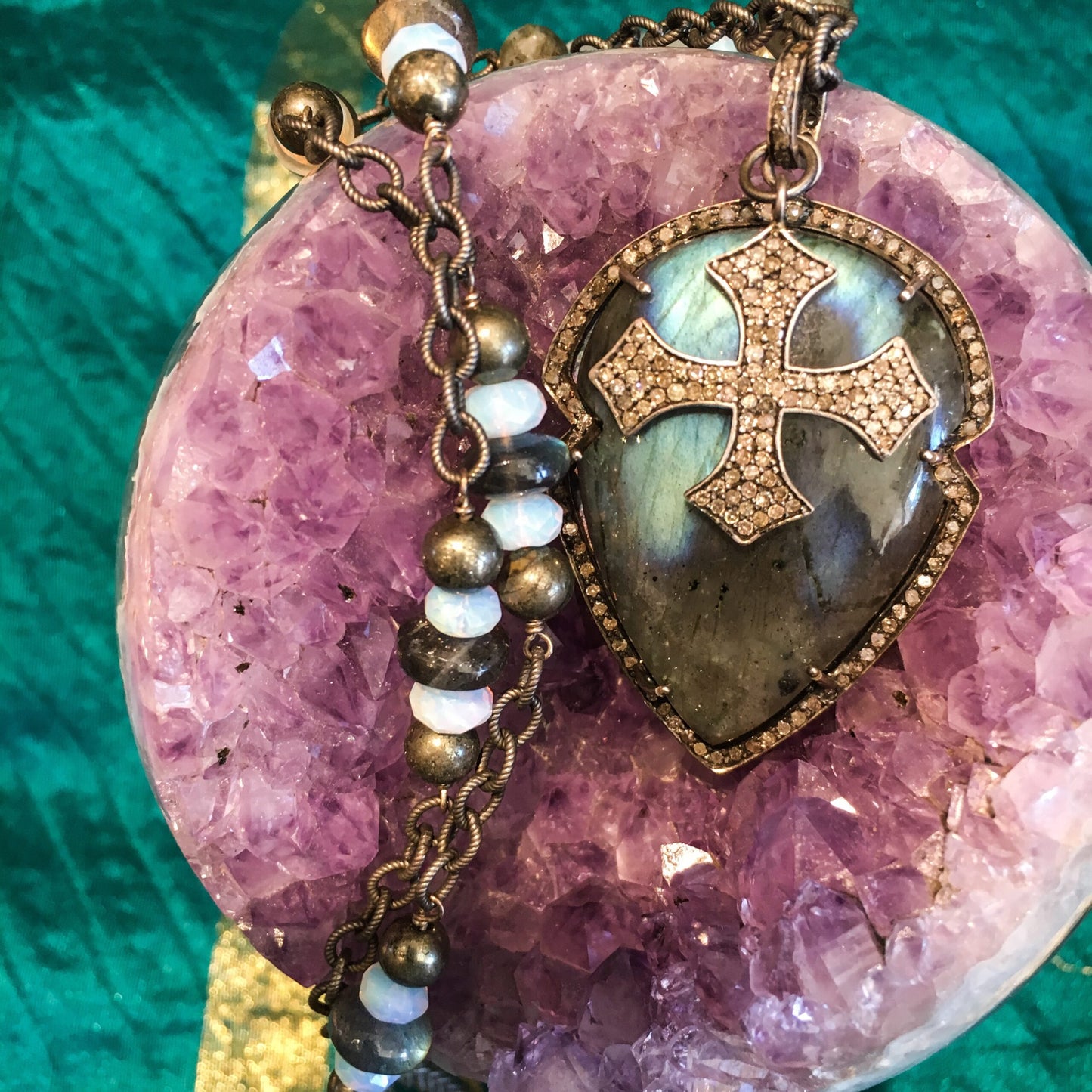 Labradorite and Diamond Cross Necklace