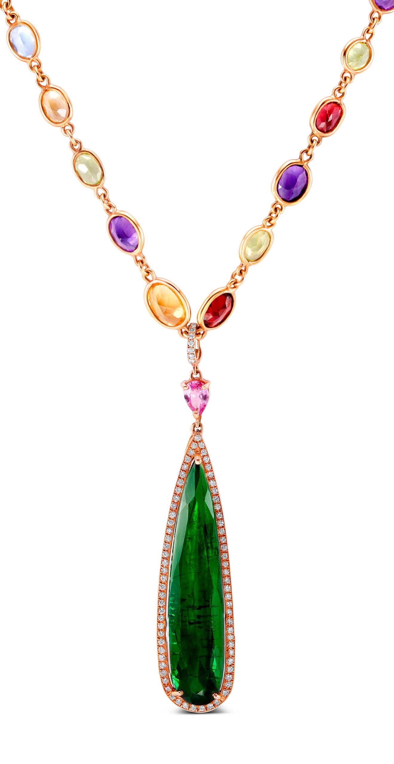Bi-Color Pear Shape Tourmaline in Rose Gold and Diamond Frame