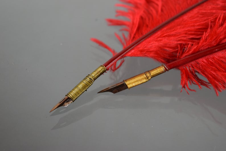 Red Ostrich Feather Quill Pen