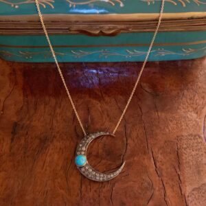 Diamond and Turquoise Crescent Moon in Silver on 14-carat Gold Chain